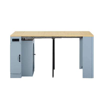 TREXM Extendable Dining Table with 3 Removable Middle Leaves, Mobile Rolling Island Table with Power Outlet, Saving - space Cabinet with Storage for Dining Room and Living Room (GREY BLUE AND NATURAL) - 1st Choice Furniture Direct