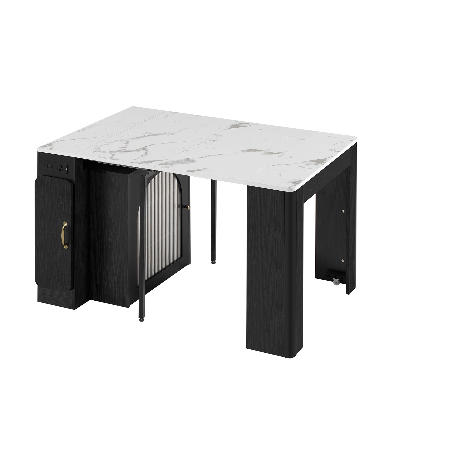 TREXM Extendable Dining Table with 3 Removable Middle Leaves, Mobile Rolling Island Table with Power Outlet, Saving - space Cabinet with Storage for Dining Room and Living Room (BLACK AND MARBLE WHITE) - 1st Choice Furniture Direct