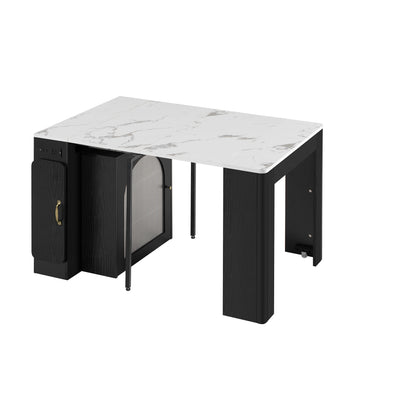 TREXM Extendable Dining Table with 3 Removable Middle Leaves, Mobile Rolling Island Table with Power Outlet, Saving - space Cabinet with Storage for Dining Room and Living Room (BLACK AND MARBLE WHITE) - 1st Choice Furniture Direct