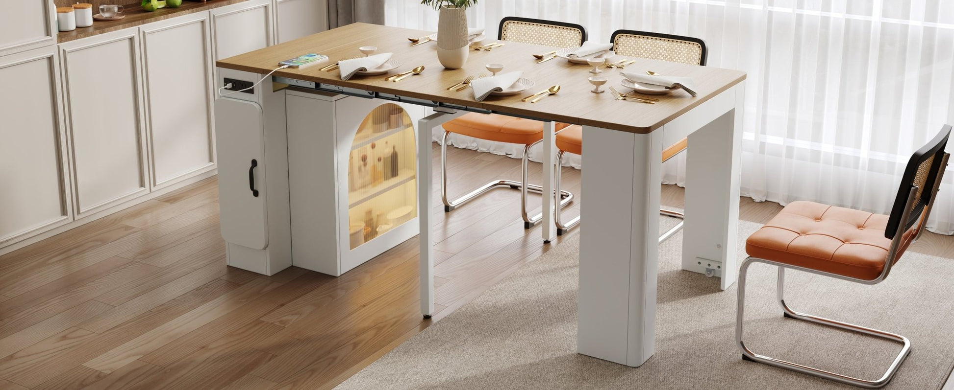 TREXM Extendable Dining Table with 3 Removable Middle Leaves, Mobile Rolling Island Table with Power Outlet, Saving - space Cabinet with Storage for Dining Room and Living Room (CREAM WHITE AND NATURAL) - 1st Choice Furniture Direct