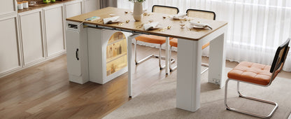 TREXM Extendable Dining Table with 3 Removable Middle Leaves, Mobile Rolling Island Table with Power Outlet, Saving - space Cabinet with Storage for Dining Room and Living Room (CREAM WHITE AND NATURAL) - 1st Choice Furniture Direct