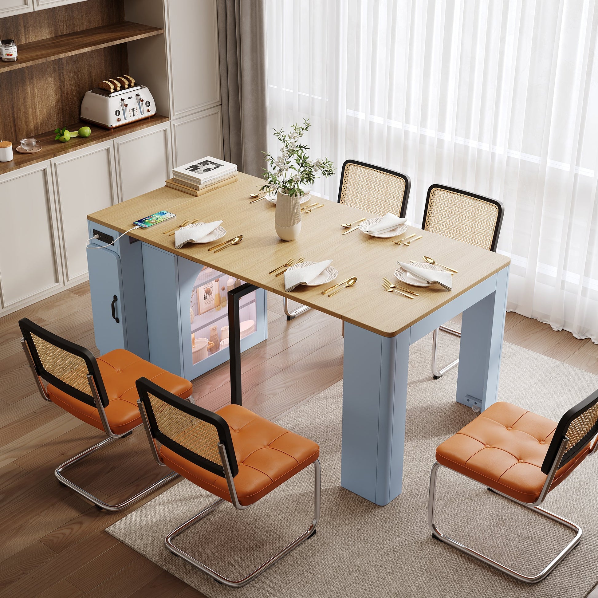 TREXM Extendable Dining Table with 3 Removable Middle Leaves, Mobile Rolling Island Table with Power Outlet, Saving - space Cabinet with Storage for Dining Room and Living Room (GREY BLUE AND NATURAL) - 1st Choice Furniture Direct