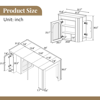 TREXM Extendable Dining Table with 3 Removable Middle Leaves, Mobile Rolling Island Table with Power Outlet, Saving - space Cabinet with Storage for Dining Room and Living Room (CREAM WHITE AND NATURAL) - 1st Choice Furniture Direct