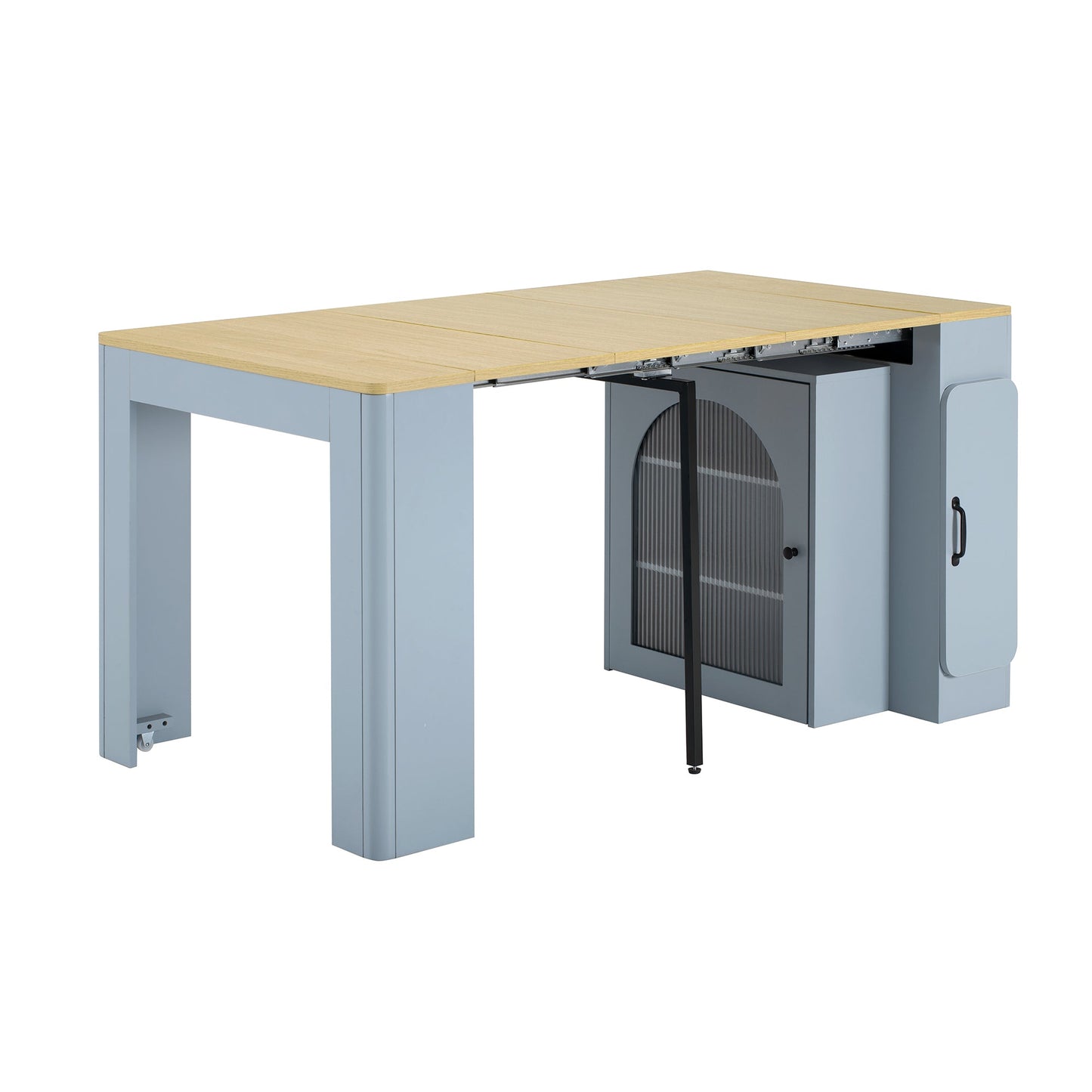 TREXM Extendable Dining Table with 3 Removable Middle Leaves, Mobile Rolling Island Table with Power Outlet, Saving - space Cabinet with Storage for Dining Room and Living Room (GREY BLUE AND NATURAL) - 1st Choice Furniture Direct