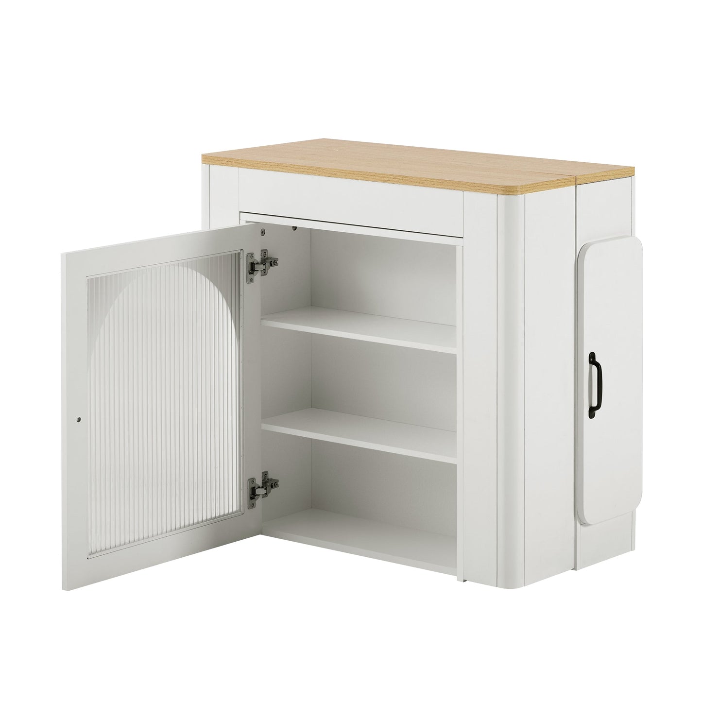 TREXM Extendable Dining Table with 3 Removable Middle Leaves, Mobile Rolling Island Table with Power Outlet, Saving - space Cabinet with Storage for Dining Room and Living Room (CREAM WHITE AND NATURAL) - 1st Choice Furniture Direct