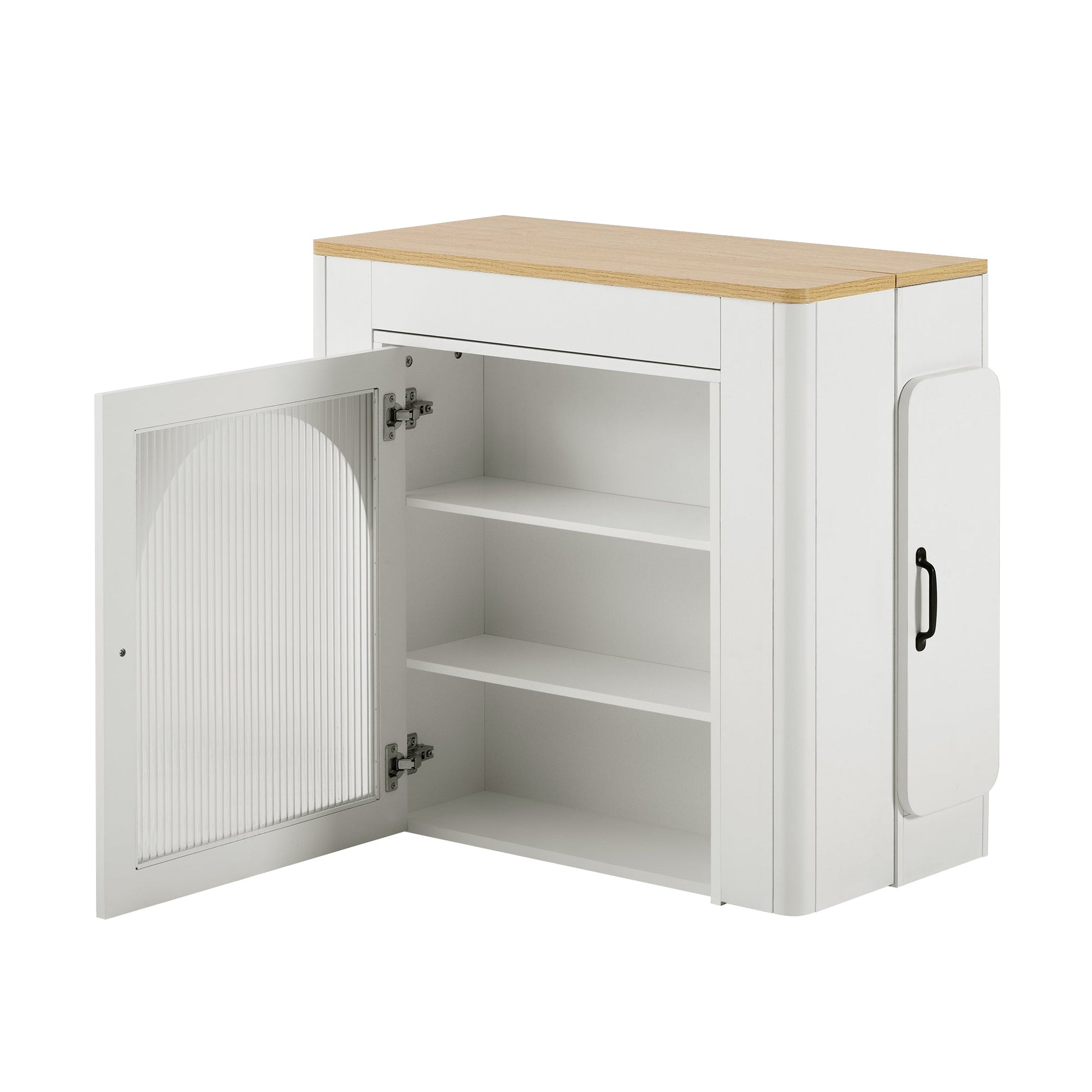 TREXM Extendable Dining Table with 3 Removable Middle Leaves, Mobile Rolling Island Table with Power Outlet, Saving - space Cabinet with Storage for Dining Room and Living Room (CREAM WHITE AND NATURAL) - 1st Choice Furniture Direct