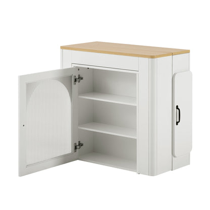 TREXM Extendable Dining Table with 3 Removable Middle Leaves, Mobile Rolling Island Table with Power Outlet, Saving - space Cabinet with Storage for Dining Room and Living Room (CREAM WHITE AND NATURAL) - 1st Choice Furniture Direct