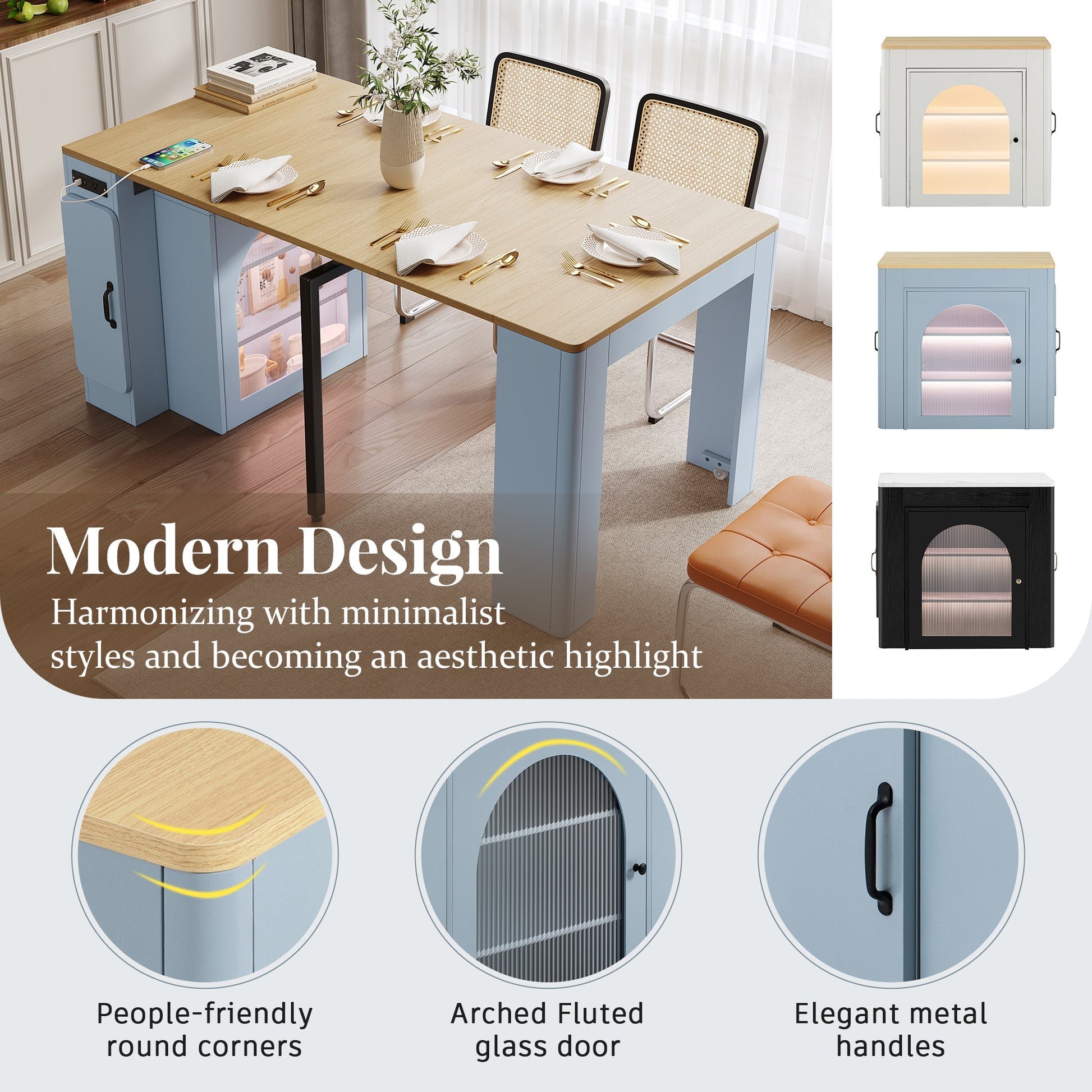 TREXM Extendable Dining Table with 3 Removable Middle Leaves, Mobile Rolling Island Table with Power Outlet, Saving - space Cabinet with Storage for Dining Room and Living Room (GREY BLUE AND NATURAL) - 1st Choice Furniture Direct