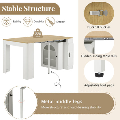 TREXM Extendable Dining Table with 3 Removable Middle Leaves, Mobile Rolling Island Table with Power Outlet, Saving - space Cabinet with Storage for Dining Room and Living Room (CREAM WHITE AND NATURAL) - 1st Choice Furniture Direct