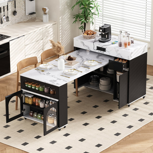 TREXM Extendable Dining Table with Extra - Long Folding Top, Rolling Kitchen Island with Drawers, Power Outlet and Brake lock, Storage Cabinet for Kitchen and Dining Room (Black + Marble White) - 1st Choice Furniture Direct