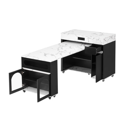 TREXM Extendable Dining Table with Extra - Long Folding Top, Rolling Kitchen Island with Drawers, Power Outlet and Brake lock, Storage Cabinet for Kitchen and Dining Room (Black + Marble White) - 1st Choice Furniture Direct