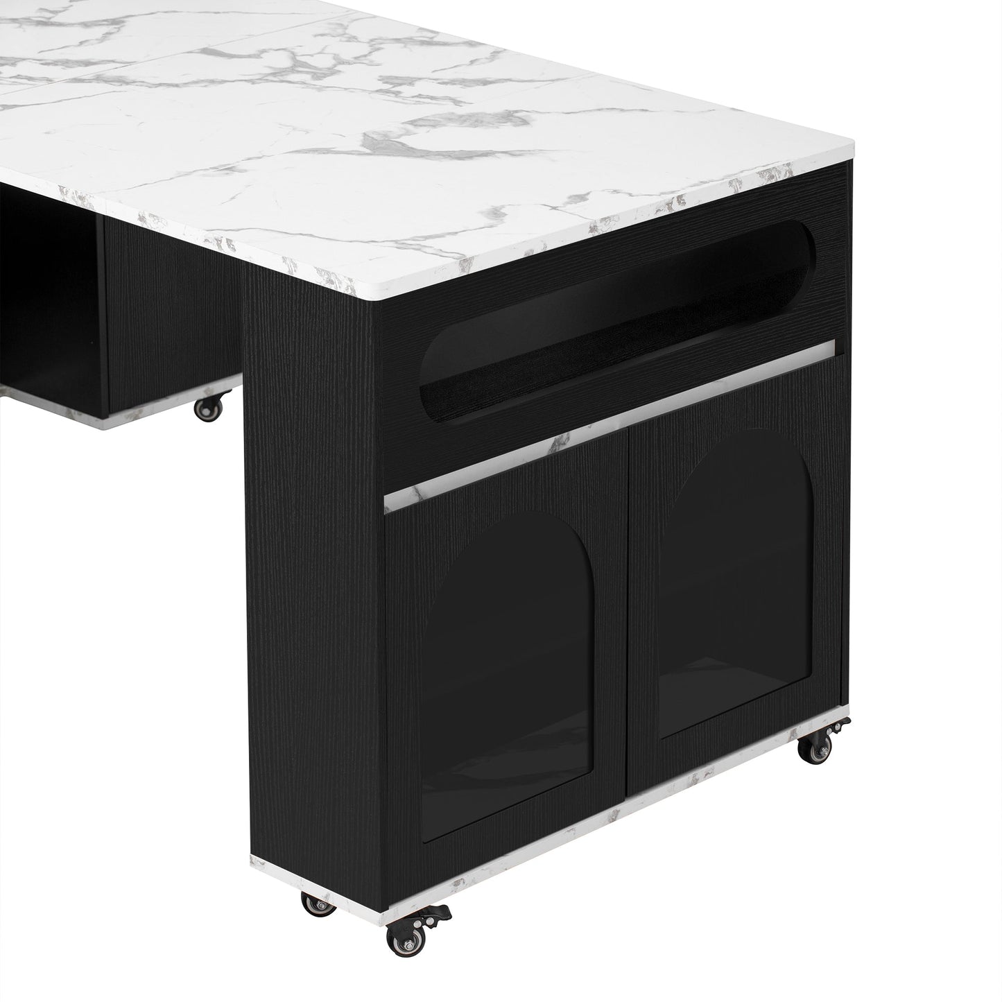 TREXM Extendable Dining Table with Extra - Long Folding Top, Rolling Kitchen Island with Drawers, Power Outlet and Brake lock, Storage Cabinet for Kitchen and Dining Room (Black + Marble White) - 1st Choice Furniture Direct