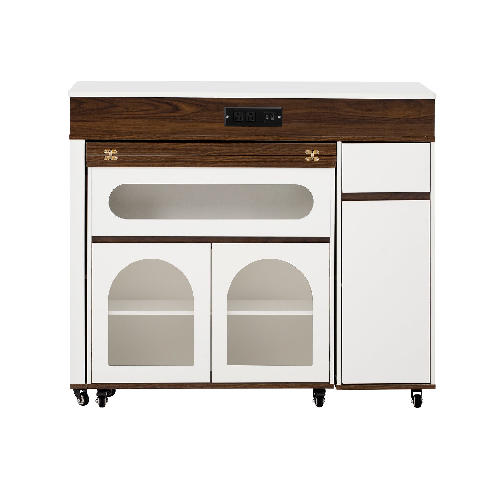 TREXM Extendable Dining Table with Extra - Long Folding Top, Rolling Kitchen Island with Drawers, Power Outlet and Brake lock, Storage Cabinet for Kitchen and Dining Room (Walnut + Creamy White) - 1st Choice Furniture Direct