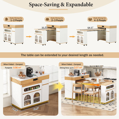 TREXM Extendable Dining Table with Extra - Long Folding Top, Rolling Kitchen Island with Drawers, Power Outlet and Brake lock, Storage Cabinet for Kitchen and Dining Room (Natural + Creamy White) - 1st Choice Furniture Direct