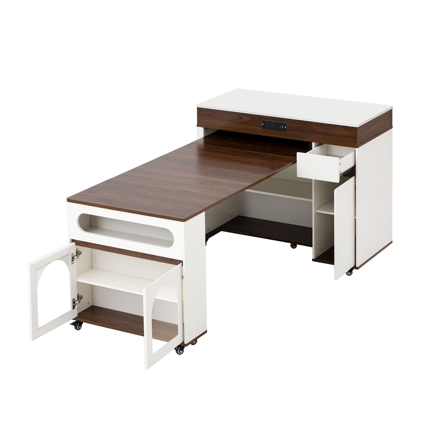 TREXM Extendable Dining Table with Extra - Long Folding Top, Rolling Kitchen Island with Drawers, Power Outlet and Brake lock, Storage Cabinet for Kitchen and Dining Room (Walnut + Creamy White) - 1st Choice Furniture Direct