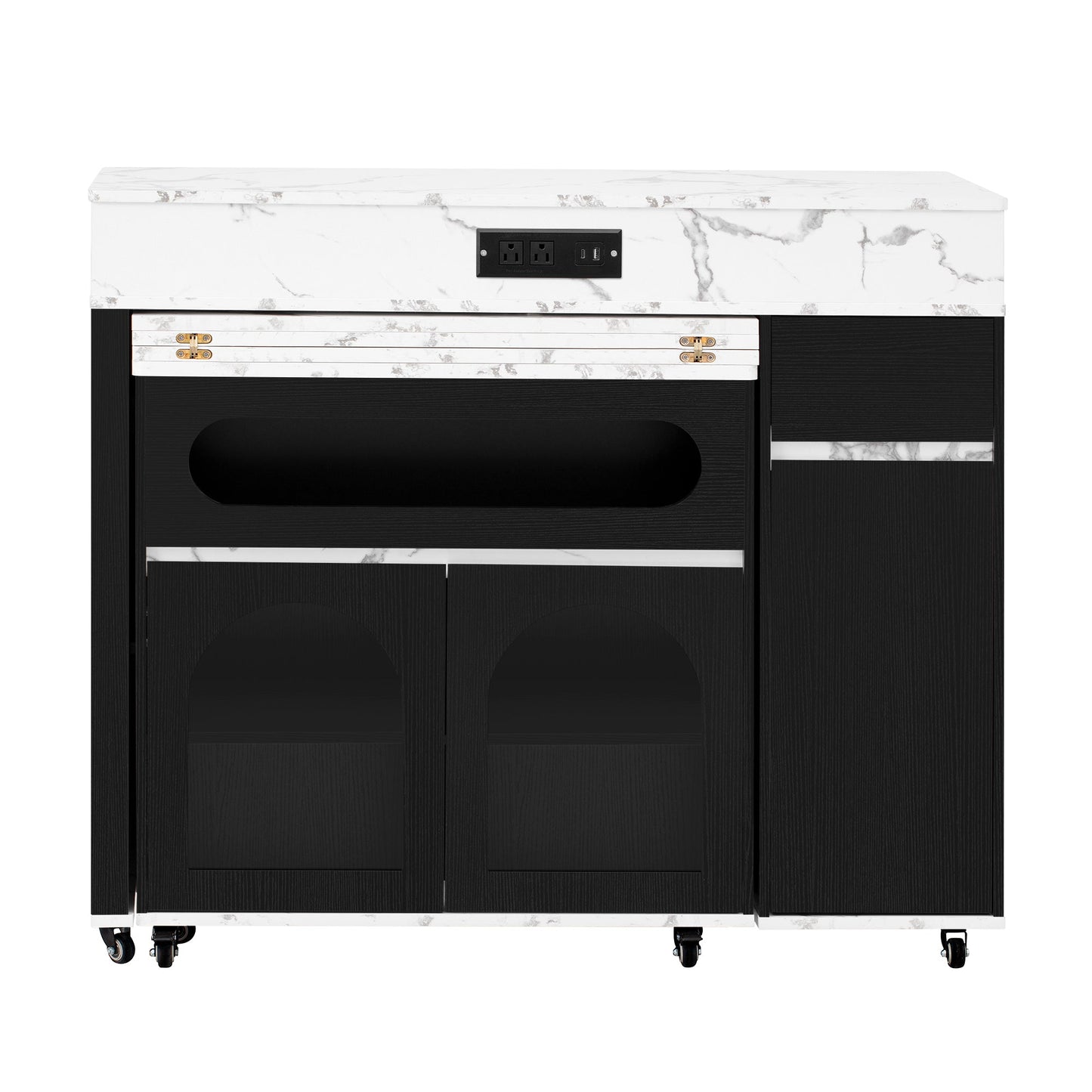TREXM Extendable Dining Table with Extra - Long Folding Top, Rolling Kitchen Island with Drawers, Power Outlet and Brake lock, Storage Cabinet for Kitchen and Dining Room (Black + Marble White) - 1st Choice Furniture Direct