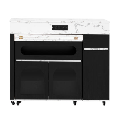 TREXM Extendable Dining Table with Extra - Long Folding Top, Rolling Kitchen Island with Drawers, Power Outlet and Brake lock, Storage Cabinet for Kitchen and Dining Room (Black + Marble White) - 1st Choice Furniture Direct