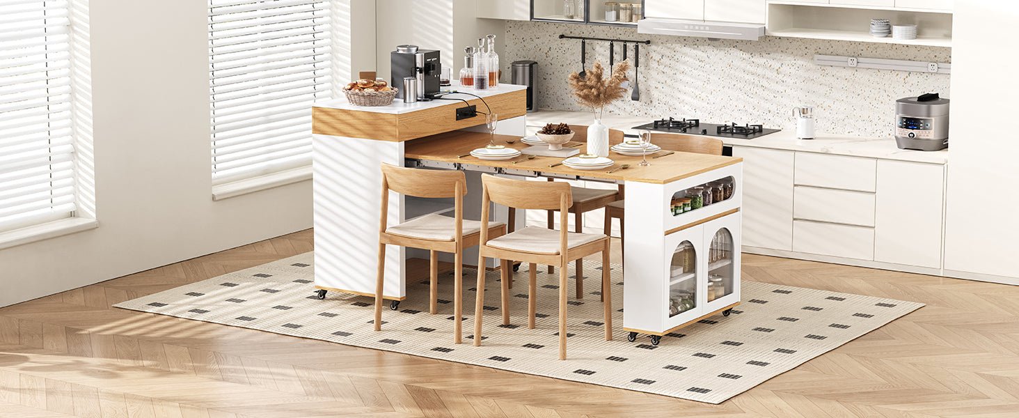 TREXM Extendable Dining Table with Extra - Long Folding Top, Rolling Kitchen Island with Drawers, Power Outlet and Brake lock, Storage Cabinet for Kitchen and Dining Room (Natural + Creamy White) - 1st Choice Furniture Direct