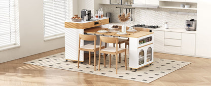 TREXM Extendable Dining Table with Extra - Long Folding Top, Rolling Kitchen Island with Drawers, Power Outlet and Brake lock, Storage Cabinet for Kitchen and Dining Room (Natural + Creamy White) - 1st Choice Furniture Direct