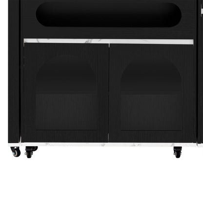 TREXM Extendable Dining Table with Extra - Long Folding Top, Rolling Kitchen Island with Drawers, Power Outlet and Brake lock, Storage Cabinet for Kitchen and Dining Room (Black + Marble White) - 1st Choice Furniture Direct