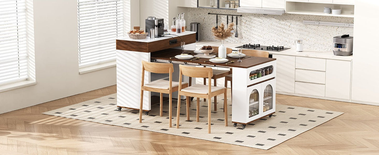 TREXM Extendable Dining Table with Extra - Long Folding Top, Rolling Kitchen Island with Drawers, Power Outlet and Brake lock, Storage Cabinet for Kitchen and Dining Room (Natural + Creamy White) - 1st Choice Furniture Direct