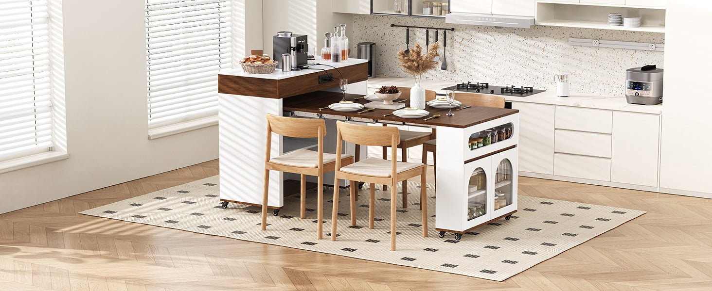 TREXM Extendable Dining Table with Extra - Long Folding Top, Rolling Kitchen Island with Drawers, Power Outlet and Brake lock, Storage Cabinet for Kitchen and Dining Room (Natural + Creamy White) - 1st Choice Furniture Direct
