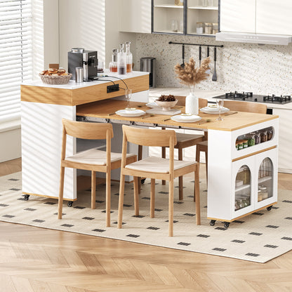 TREXM Extendable Dining Table with Extra - Long Folding Top, Rolling Kitchen Island with Drawers, Power Outlet and Brake lock, Storage Cabinet for Kitchen and Dining Room (Natural + Creamy White) - 1st Choice Furniture Direct