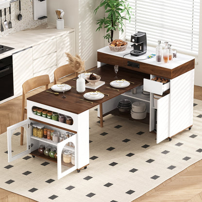TREXM Extendable Dining Table with Extra - Long Folding Top, Rolling Kitchen Island with Drawers, Power Outlet and Brake lock, Storage Cabinet for Kitchen and Dining Room (Walnut + Creamy White) - 1st Choice Furniture Direct