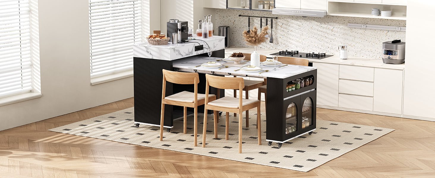 TREXM Extendable Dining Table with Extra - Long Folding Top, Rolling Kitchen Island with Drawers, Power Outlet and Brake lock, Storage Cabinet for Kitchen and Dining Room (Black + Marble White) - 1st Choice Furniture Direct
