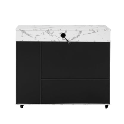 TREXM Extendable Dining Table with Extra - Long Folding Top, Rolling Kitchen Island with Drawers, Power Outlet and Brake lock, Storage Cabinet for Kitchen and Dining Room (Black + Marble White) - 1st Choice Furniture Direct