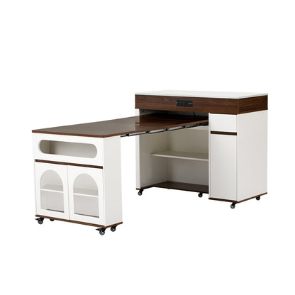 TREXM Extendable Dining Table with Extra - Long Folding Top, Rolling Kitchen Island with Drawers, Power Outlet and Brake lock, Storage Cabinet for Kitchen and Dining Room (Walnut + Creamy White) - 1st Choice Furniture Direct
