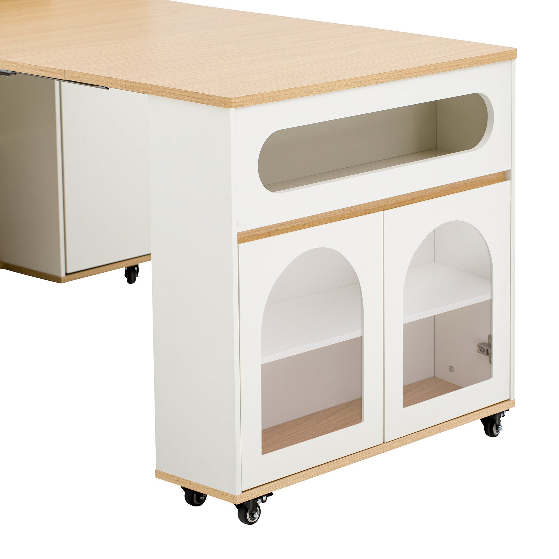 TREXM Extendable Dining Table with Extra - Long Folding Top, Rolling Kitchen Island with Drawers, Power Outlet and Brake lock, Storage Cabinet for Kitchen and Dining Room (Natural + Creamy White) - 1st Choice Furniture Direct