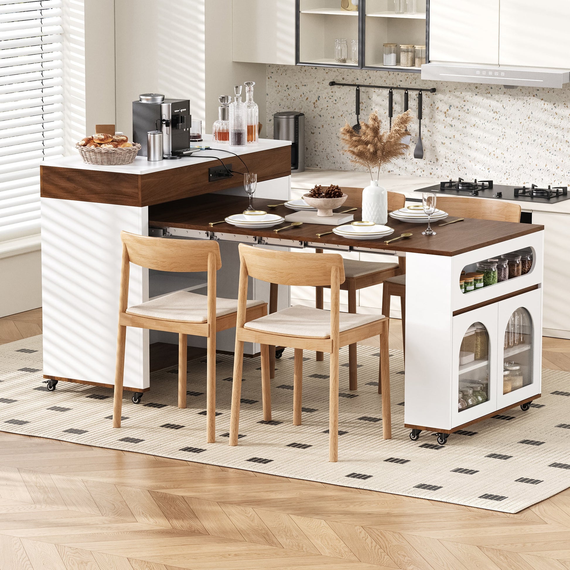 TREXM Extendable Dining Table with Extra - Long Folding Top, Rolling Kitchen Island with Drawers, Power Outlet and Brake lock, Storage Cabinet for Kitchen and Dining Room (Walnut + Creamy White) - 1st Choice Furniture Direct