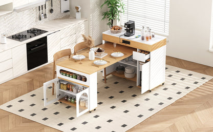 TREXM Extendable Dining Table with Extra - Long Folding Top, Rolling Kitchen Island with Drawers, Power Outlet and Brake lock, Storage Cabinet for Kitchen and Dining Room (Natural + Creamy White) - 1st Choice Furniture Direct