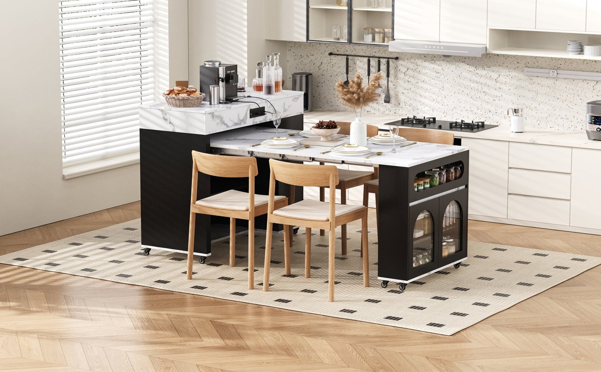 TREXM Extendable Dining Table with Extra - Long Folding Top, Rolling Kitchen Island with Drawers, Power Outlet and Brake lock, Storage Cabinet for Kitchen and Dining Room (Black + Marble White) - 1st Choice Furniture Direct