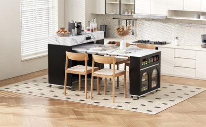 TREXM Extendable Dining Table with Extra - Long Folding Top, Rolling Kitchen Island with Drawers, Power Outlet and Brake lock, Storage Cabinet for Kitchen and Dining Room (Black + Marble White) - 1st Choice Furniture Direct