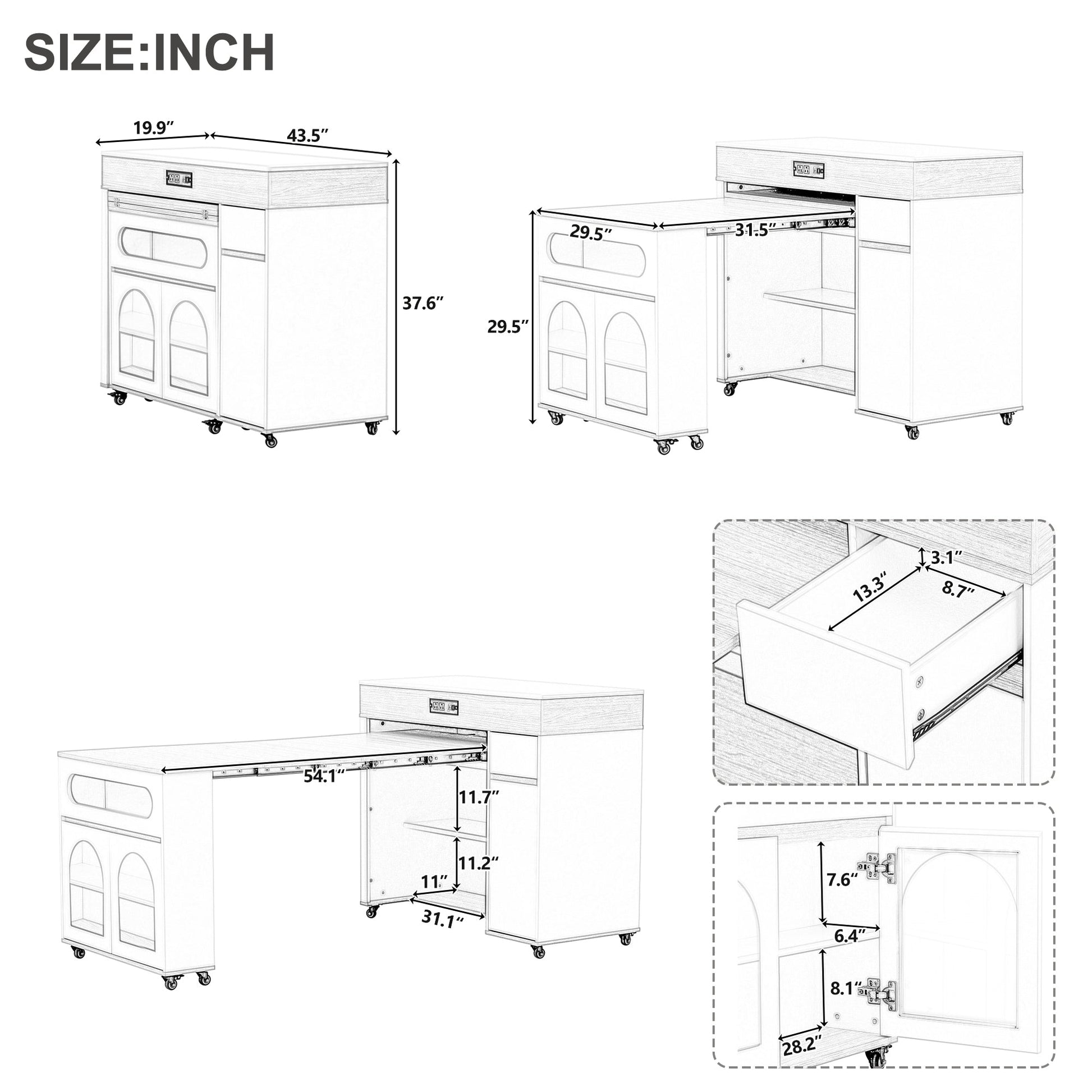 TREXM Extendable Dining Table with Extra - Long Folding Top, Rolling Kitchen Island with Drawers, Power Outlet and Brake lock, Storage Cabinet for Kitchen and Dining Room (Natural + Creamy White) - 1st Choice Furniture Direct