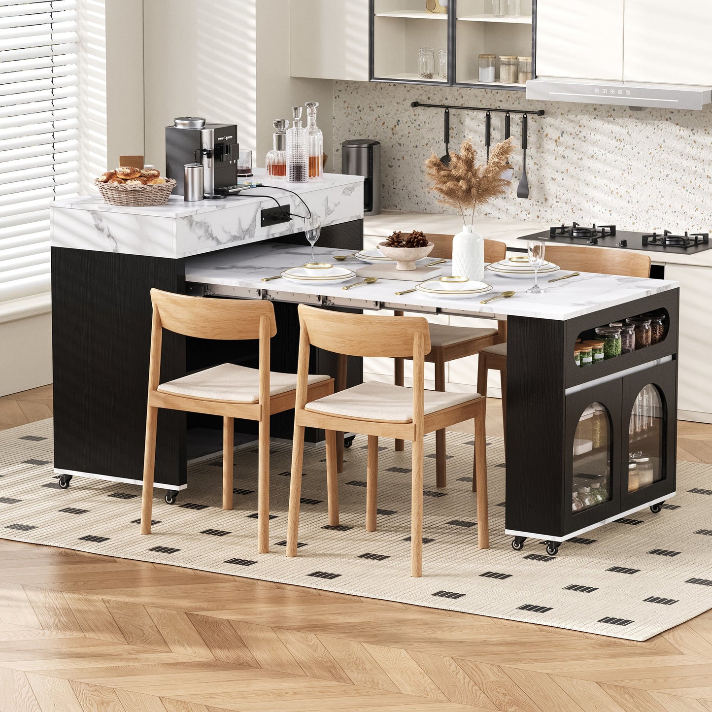 TREXM Extendable Dining Table with Extra - Long Folding Top, Rolling Kitchen Island with Drawers, Power Outlet and Brake lock, Storage Cabinet for Kitchen and Dining Room (Black + Marble White) - 1st Choice Furniture Direct