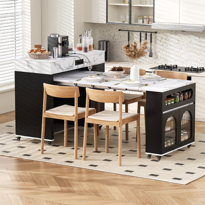 TREXM Extendable Dining Table with Extra - Long Folding Top, Rolling Kitchen Island with Drawers, Power Outlet and Brake lock, Storage Cabinet for Kitchen and Dining Room (Black + Marble White) - 1st Choice Furniture Direct