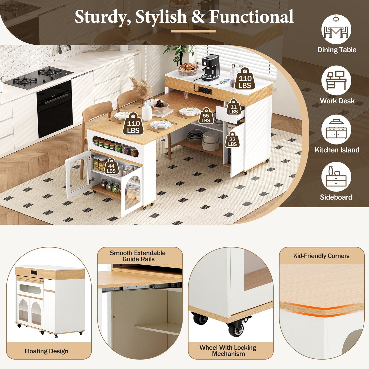 TREXM Extendable Dining Table with Extra - Long Folding Top, Rolling Kitchen Island with Drawers, Power Outlet and Brake lock, Storage Cabinet for Kitchen and Dining Room (Natural + Creamy White) - 1st Choice Furniture Direct