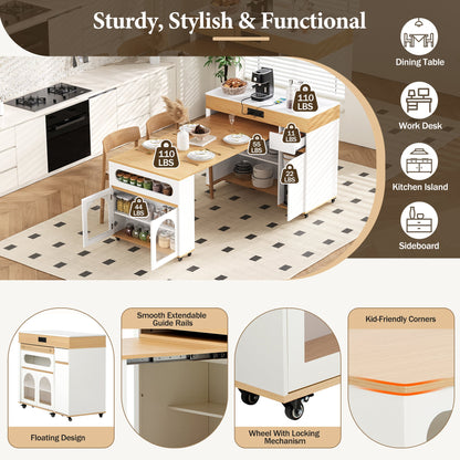 TREXM Extendable Dining Table with Extra - Long Folding Top, Rolling Kitchen Island with Drawers, Power Outlet and Brake lock, Storage Cabinet for Kitchen and Dining Room (Natural + Creamy White) - 1st Choice Furniture Direct