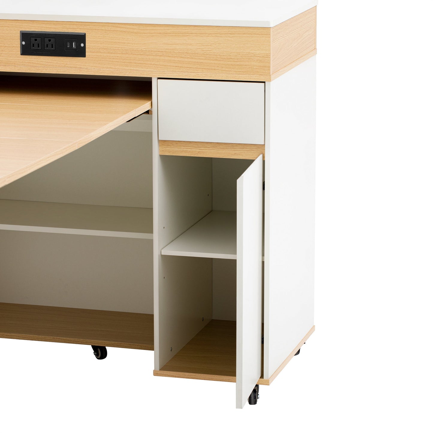 TREXM Extendable Dining Table with Extra - Long Folding Top, Rolling Kitchen Island with Drawers, Power Outlet and Brake lock, Storage Cabinet for Kitchen and Dining Room (Natural + Creamy White) - 1st Choice Furniture Direct