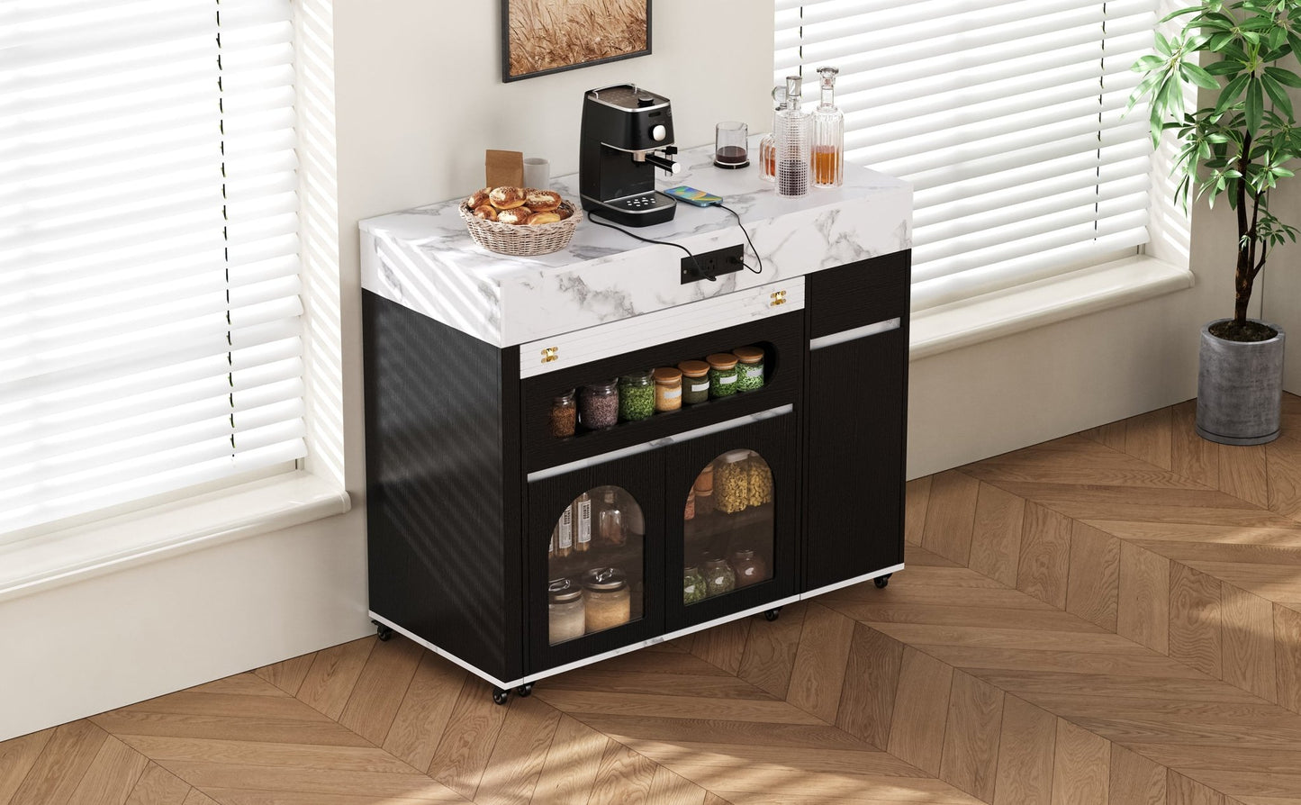 TREXM Extendable Dining Table with Extra - Long Folding Top, Rolling Kitchen Island with Drawers, Power Outlet and Brake lock, Storage Cabinet for Kitchen and Dining Room (Black + Marble White) - 1st Choice Furniture Direct