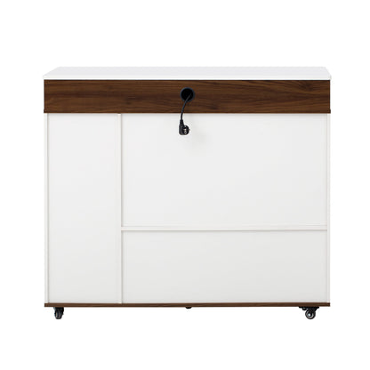 TREXM Extendable Dining Table with Extra - Long Folding Top, Rolling Kitchen Island with Drawers, Power Outlet and Brake lock, Storage Cabinet for Kitchen and Dining Room (Walnut + Creamy White) - 1st Choice Furniture Direct