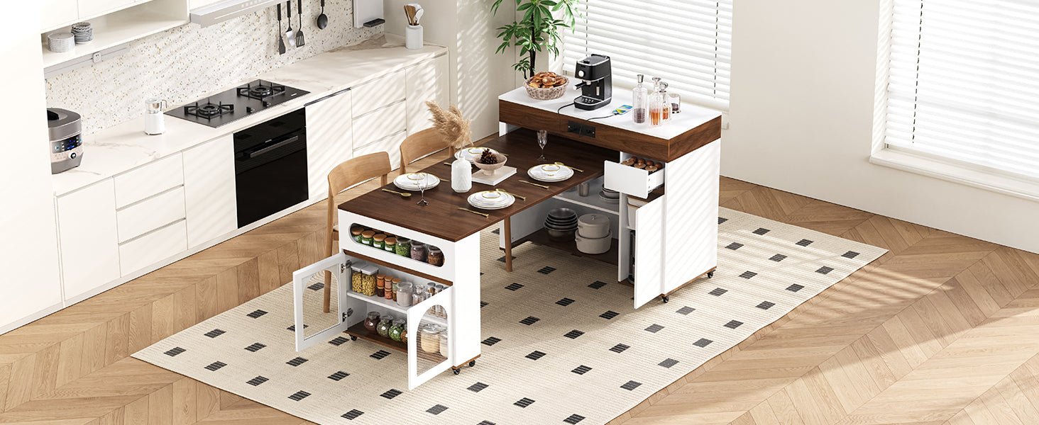 TREXM Extendable Dining Table with Extra - Long Folding Top, Rolling Kitchen Island with Drawers, Power Outlet and Brake lock, Storage Cabinet for Kitchen and Dining Room (Walnut + Creamy White) - 1st Choice Furniture Direct