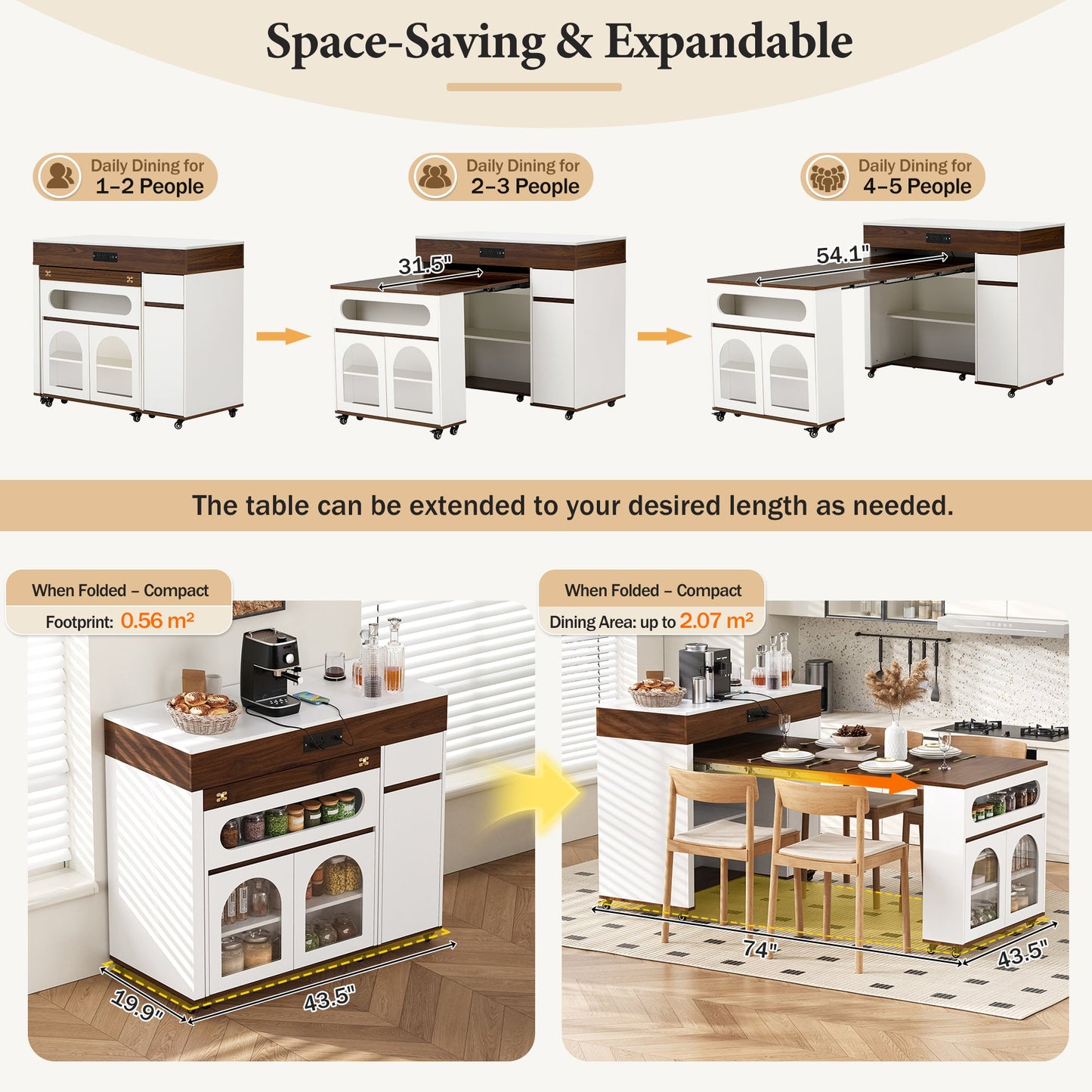 TREXM Extendable Dining Table with Extra - Long Folding Top, Rolling Kitchen Island with Drawers, Power Outlet and Brake lock, Storage Cabinet for Kitchen and Dining Room (Walnut + Creamy White) - 1st Choice Furniture Direct