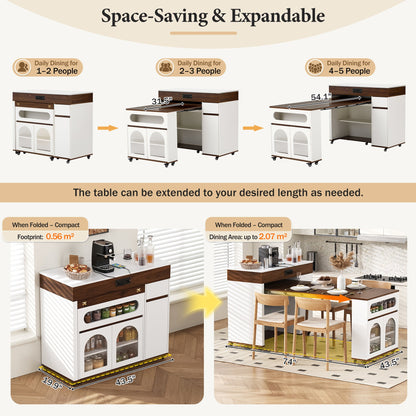 TREXM Extendable Dining Table with Extra - Long Folding Top, Rolling Kitchen Island with Drawers, Power Outlet and Brake lock, Storage Cabinet for Kitchen and Dining Room (Walnut + Creamy White) - 1st Choice Furniture Direct