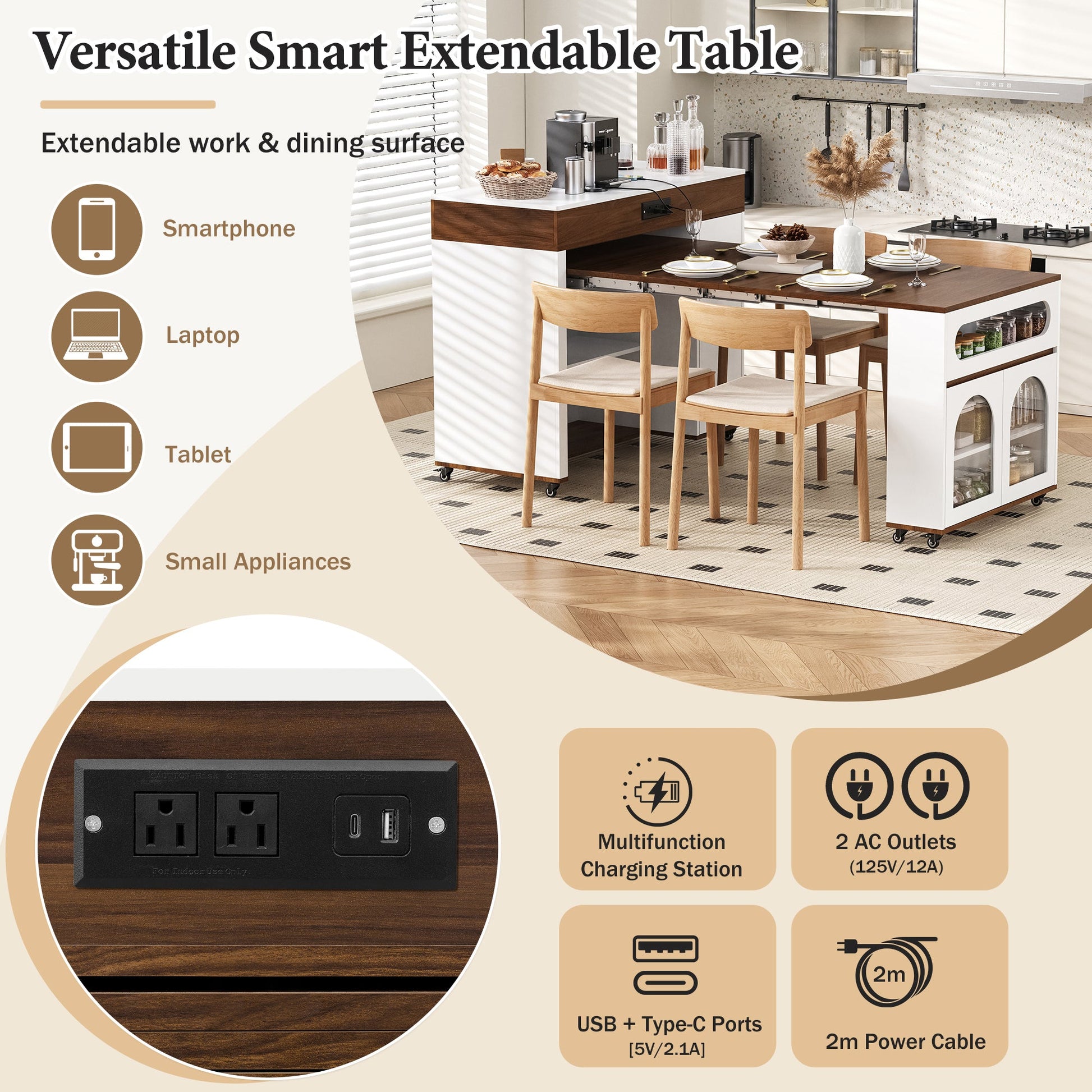 TREXM Extendable Dining Table with Extra - Long Folding Top, Rolling Kitchen Island with Drawers, Power Outlet and Brake lock, Storage Cabinet for Kitchen and Dining Room (Walnut + Creamy White) - 1st Choice Furniture Direct