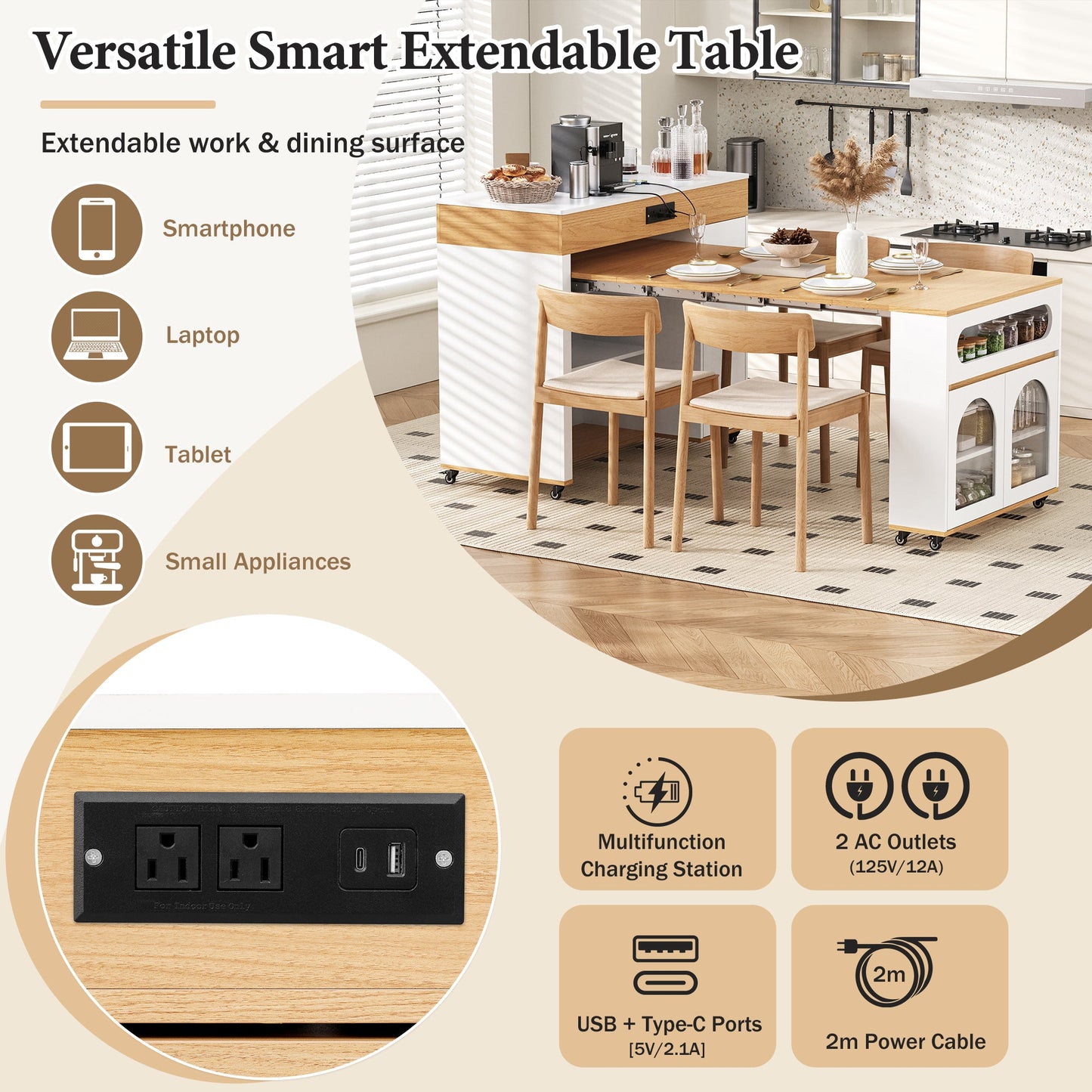 TREXM Extendable Dining Table with Extra - Long Folding Top, Rolling Kitchen Island with Drawers, Power Outlet and Brake lock, Storage Cabinet for Kitchen and Dining Room (Natural + Creamy White) - 1st Choice Furniture Direct