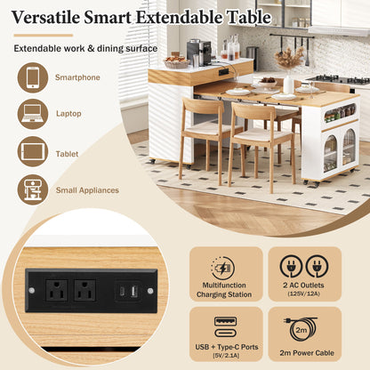 TREXM Extendable Dining Table with Extra - Long Folding Top, Rolling Kitchen Island with Drawers, Power Outlet and Brake lock, Storage Cabinet for Kitchen and Dining Room (Natural + Creamy White) - 1st Choice Furniture Direct